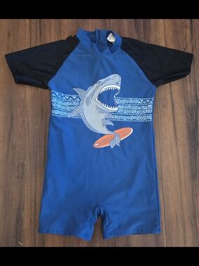 Kid's Phibee Blue Shark Short-Sleeve One-Piece Swimsuit Rashguard Size 8